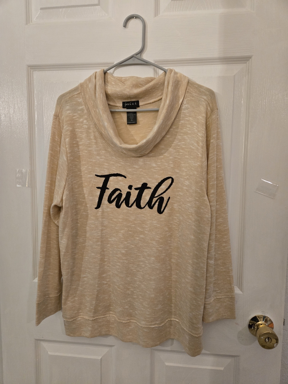 Joei & I Beige Cowl Neck Sweater with 'Faith' Script